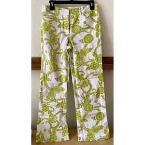 Carlisle‎ Boho White & Lime Green Floral Print Straight-Leg Pants SZ 2